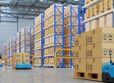 Robots efficiently sorting hundreds of parcels per hour,pallet lifter AGV.3d rendering